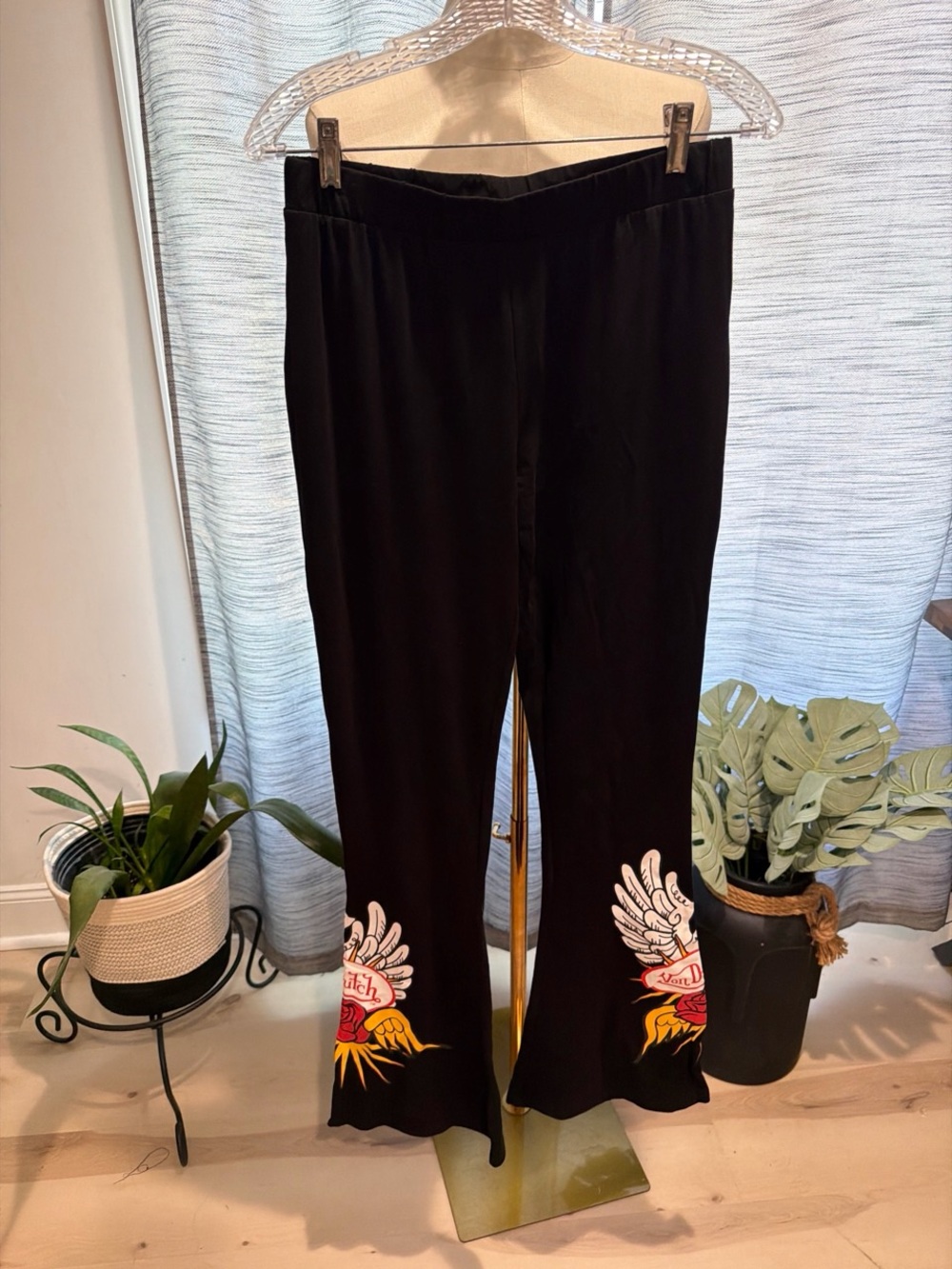 Von Dutch Black Flared Leggings with Wing & Flame Graphic
